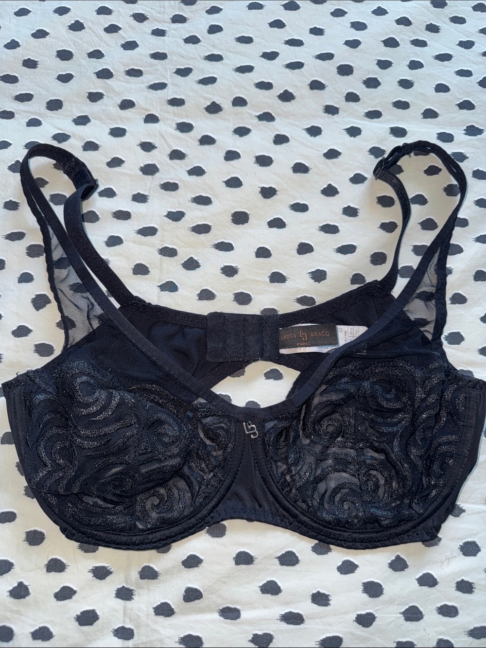 Louisa Bracq Paris black swirl embroidery bra with adjustable straps (size 34E)